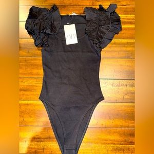 Zara NWT size small ruffled sleeves black bodysuit.